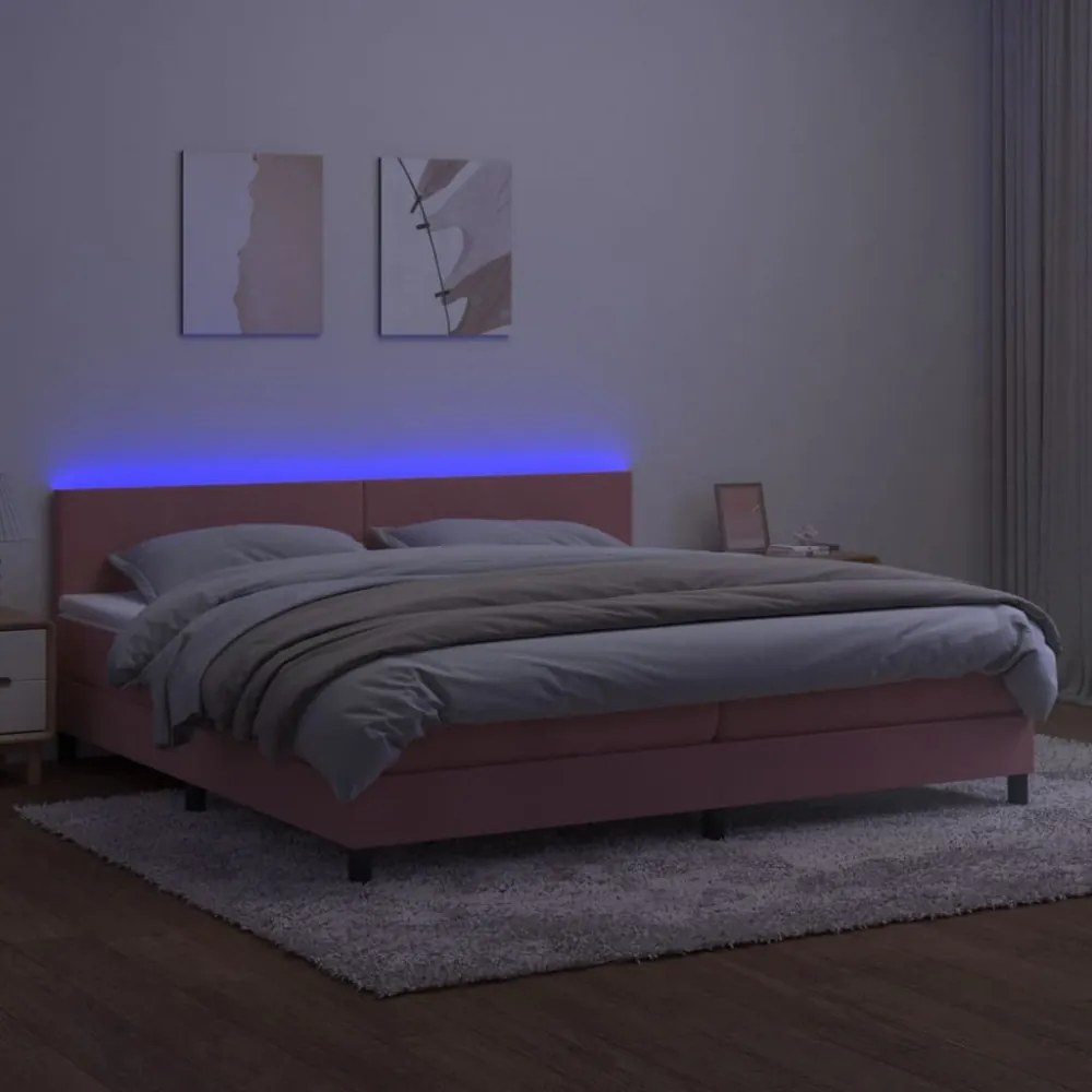 rózsaszín bársony rugós és LED-es ágy matraccal 200x200 cm