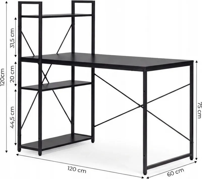 Íróasztal polccal LOFTY 120x60 cm, fekete