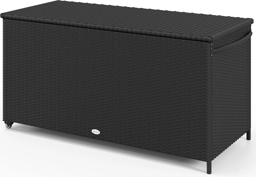 Outsunny Kerti Tárolódoboz PE Rattanból, Kültéri Tároló Pad Kerekekkel, Pneumatikus Piston és Oldalsó Fogantyú, 121x57x67cm, Fekete | Aosom
