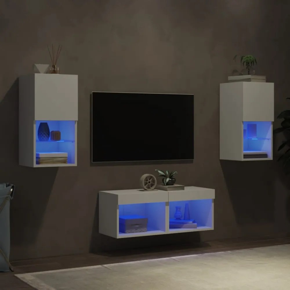 4 darab fehér falra szerelhető TV-szekrény LED-del