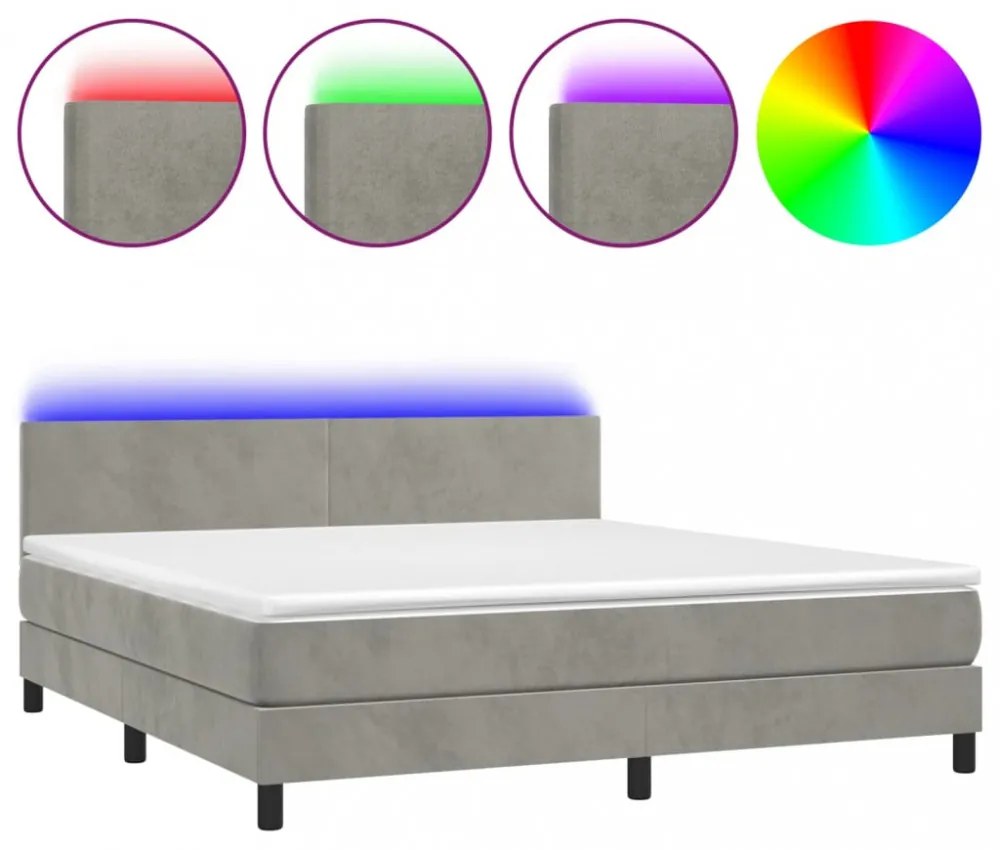 világosszürke bársony rugós és LED-es ágy matraccal 180x200 cm