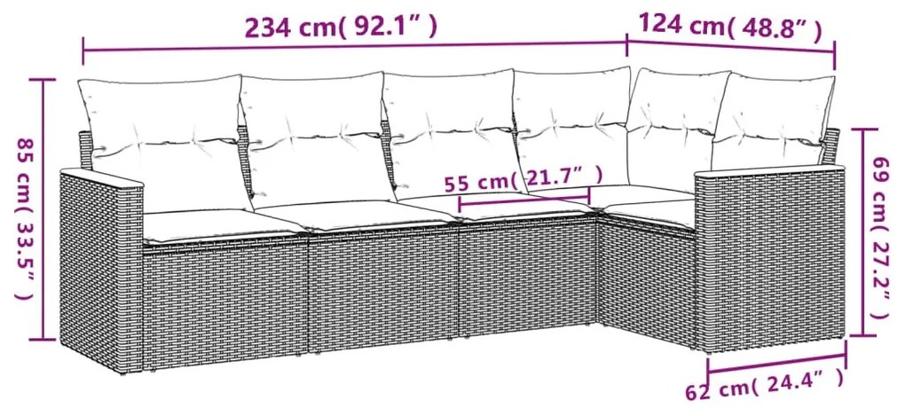 5 részes fekete polyrattan kerti kanapészett párnákkal