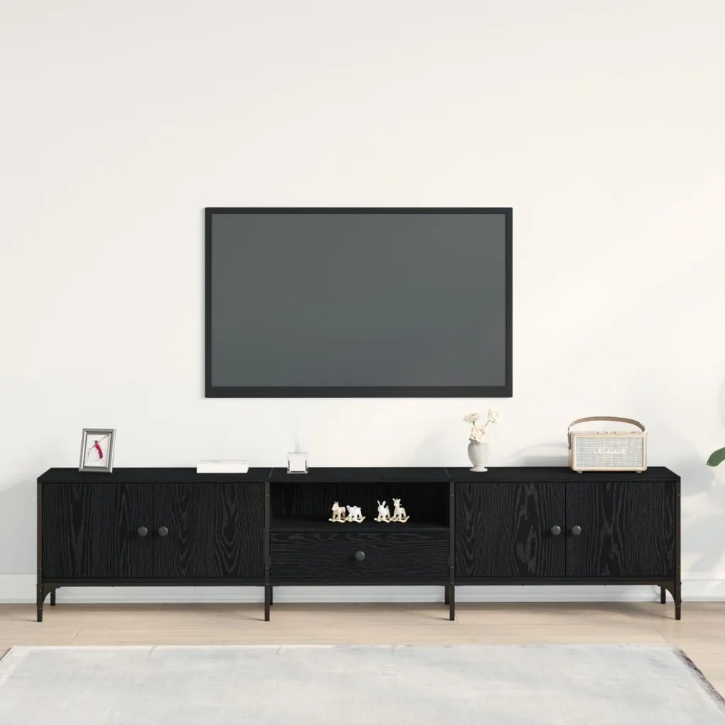 TV Szekrény Fiókkal Fekete Tölgy 200x25x44 cm Egyesített Fa