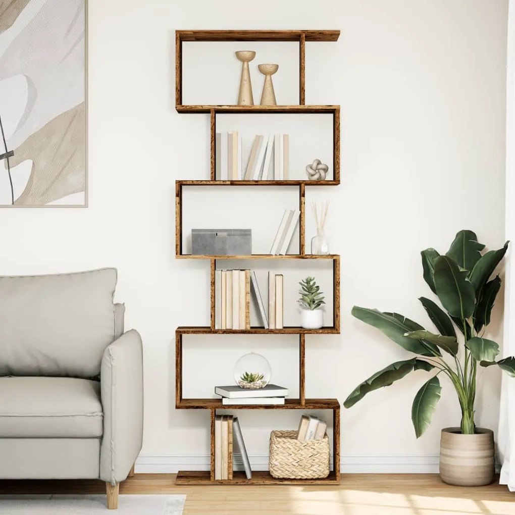 6 szintes antik fa színű fa elválasztó könyvespolc 70x24x193 cm