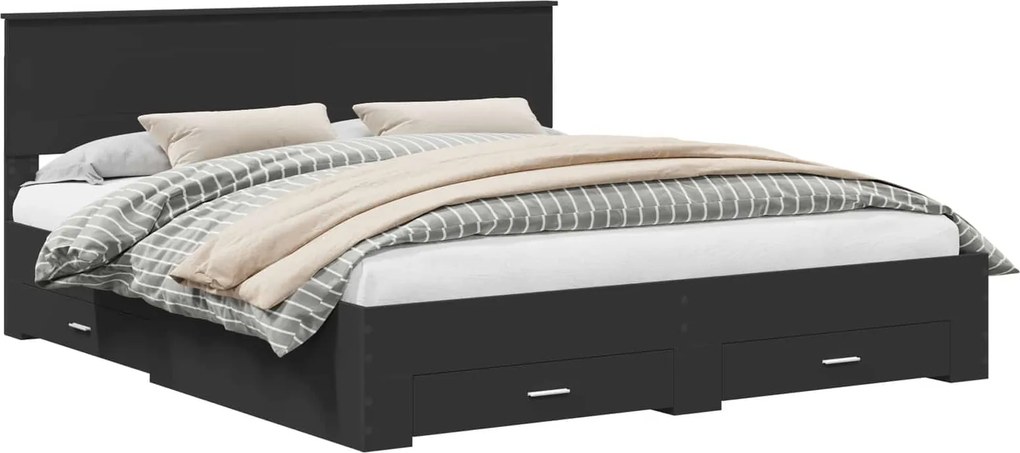 vidaXL Ágykeret fejtámlával Fekete és Ezüst 200 x 200 cm Faanyag