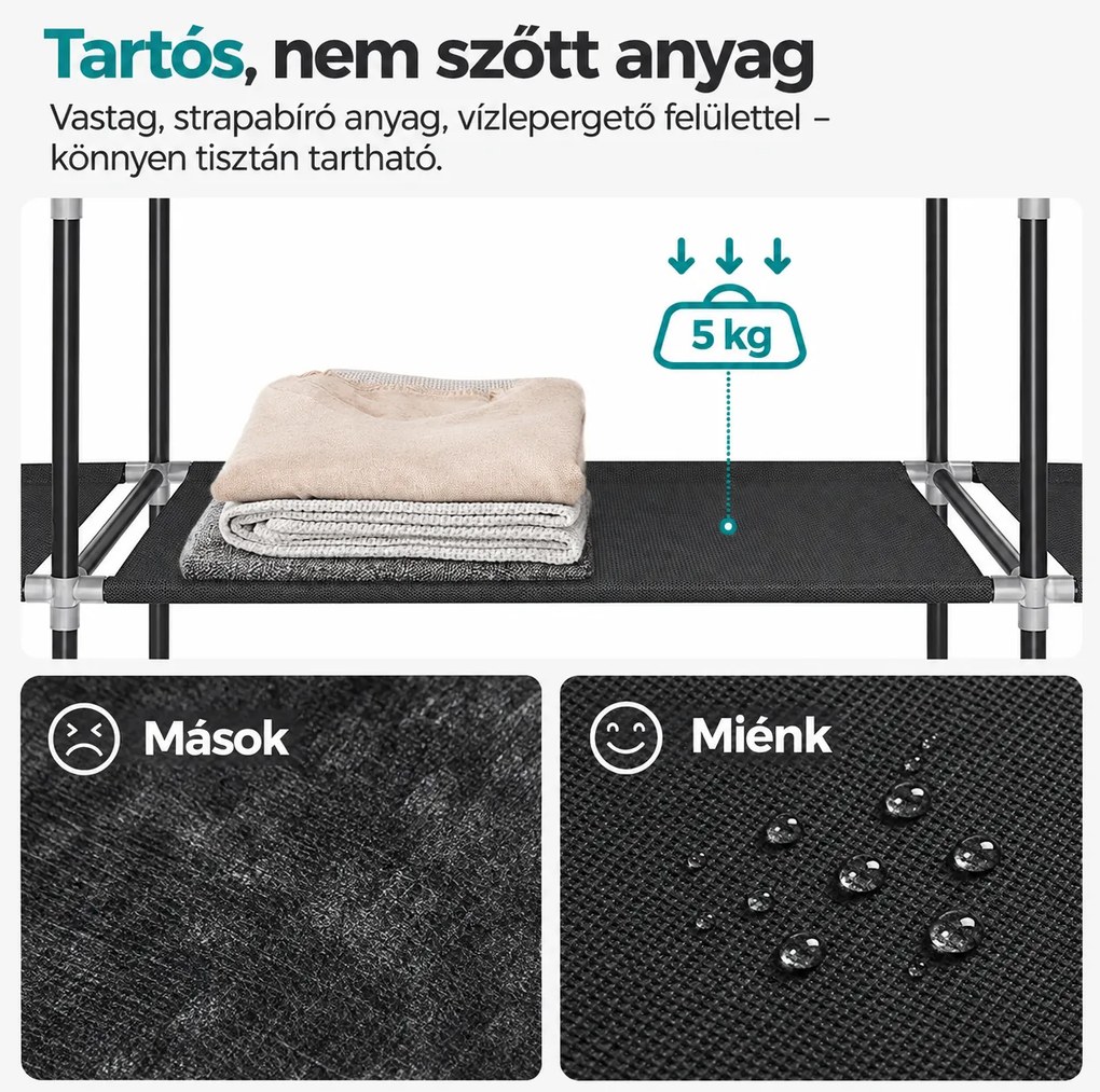 SONGMICS szövet gardróbszekrény 2 akasztórúddal és 12 tárolórésszel, 150 x 45 x 175 cm, fekete