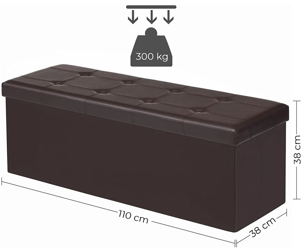 Puff, összecsukható tároló ottomán pad 120L, 110 x 38 x 38 cm, barna