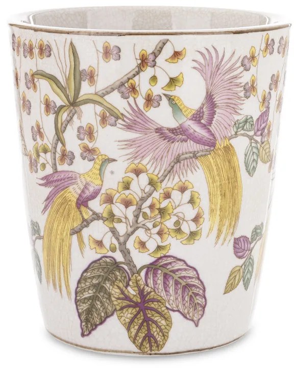 Törtfehér vintage szögletes porcelán virágtartó kaspó pávákkal festve 15x14x14cm