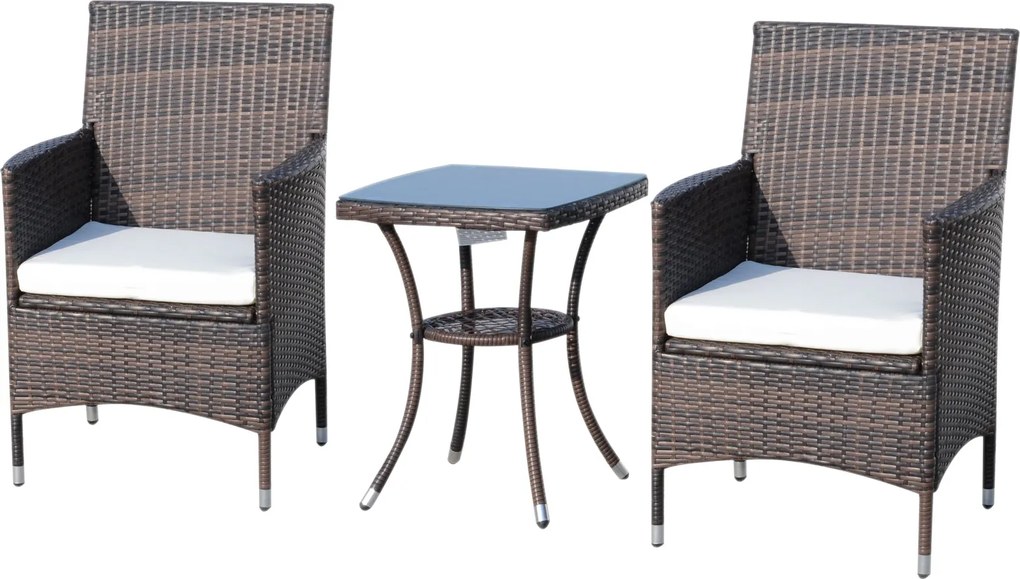 Outsunny Poly Rattan Kerti Bútor Szett, Kültéri Lounge Erkély Bútor 2 Személyre, 3-Részes Ülőgarnitúra, 2 Szék, Asztal Ülőpárnákkal, Kerti Lounge Kert