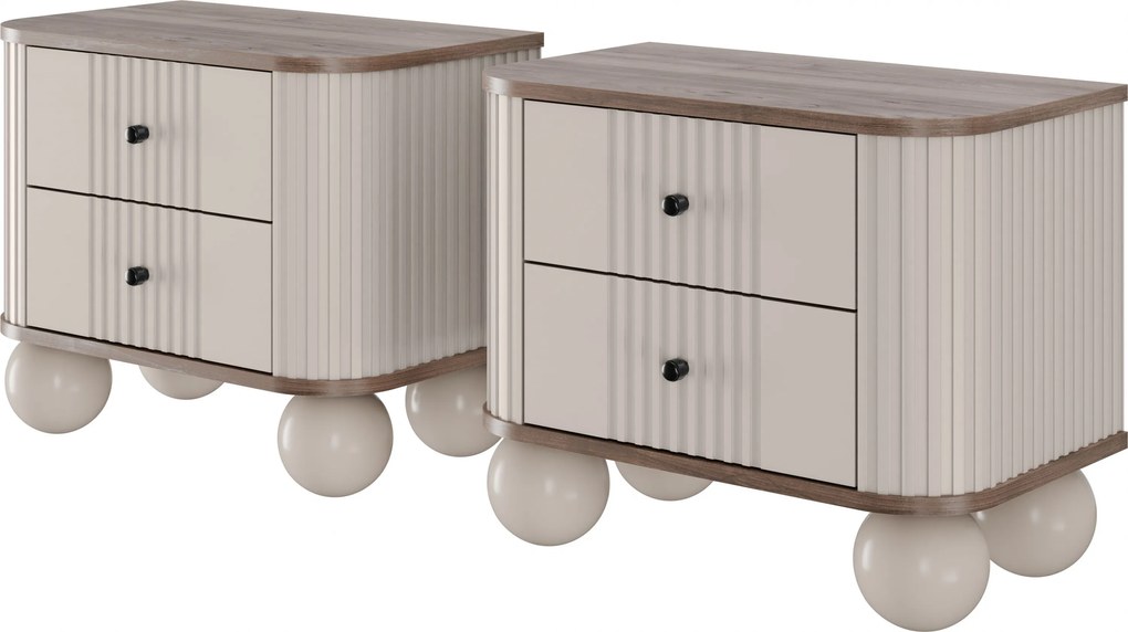 Vesper éjjeliszekrény készlet 56 cm - kasmír / diófa / fekete fogantyúk / gömb alakú lábak