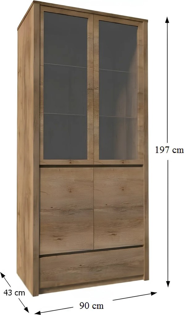 Vitrín szekrény 1- fióko és 2 osztot ajtóval teljessen üvegezett, tölgyfa lefkas, MONTANA W2D