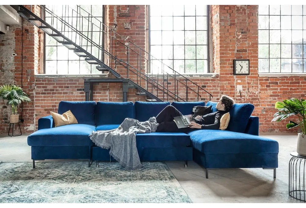 Lofty Lilly matrózkék kinyitható U alakú bársony kanapé, jobb oldali - Miuform