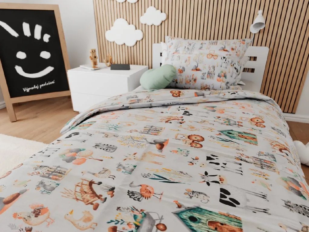 Pamut ágynemű bölcsőhöz HAPPY FARM fehér Ágyneműhuzat mérete: 45 x 65 cm | 90 x 135 cm