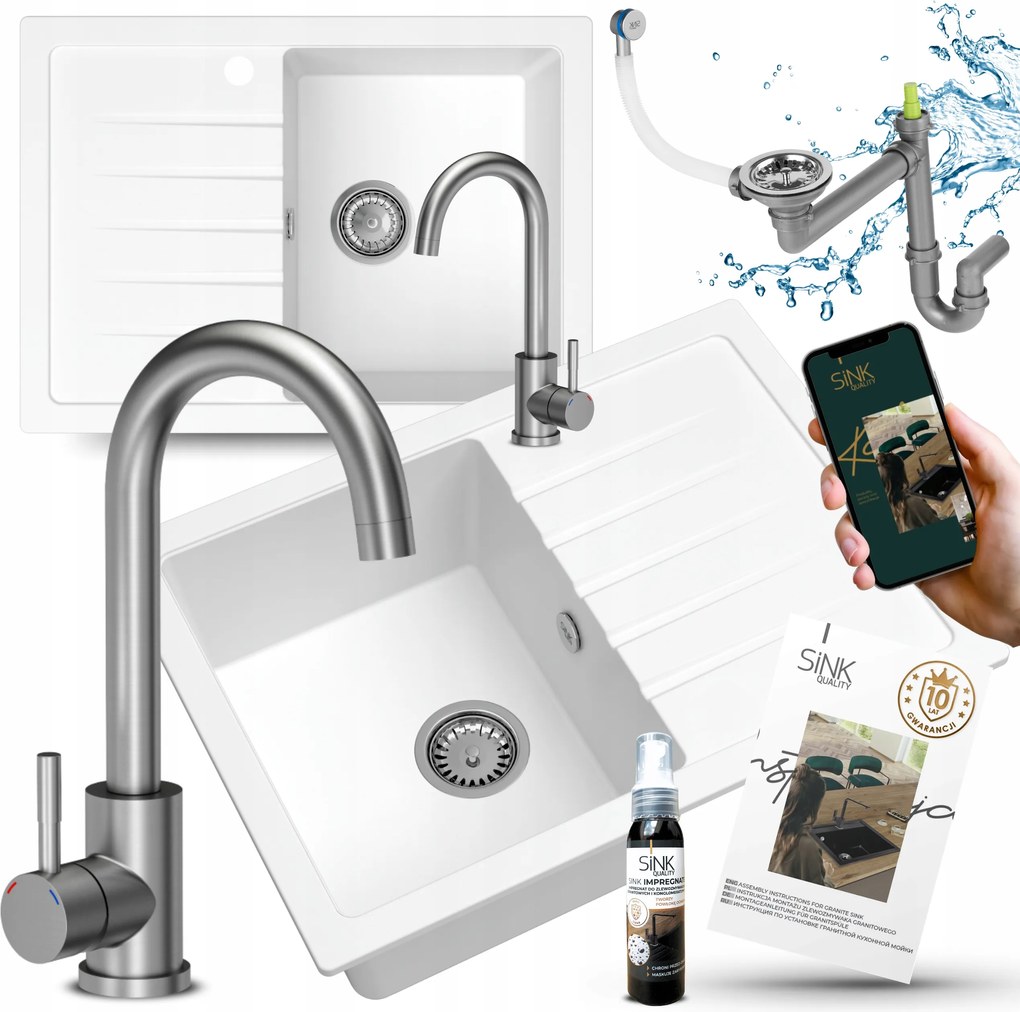 Gránit Mosogató Egykamrás Fehér Álló Csaptelep Szifon Króm 7in1