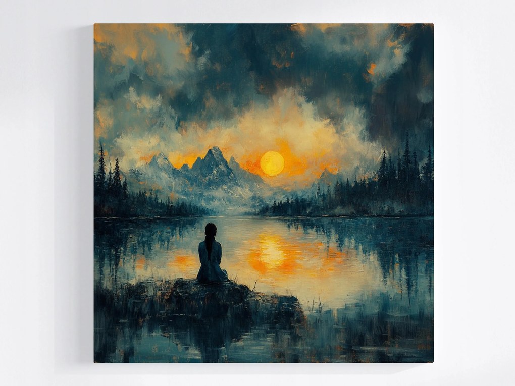 Poszter Tájkép Hegyek Tó Nap Figura Meditáció 40x40