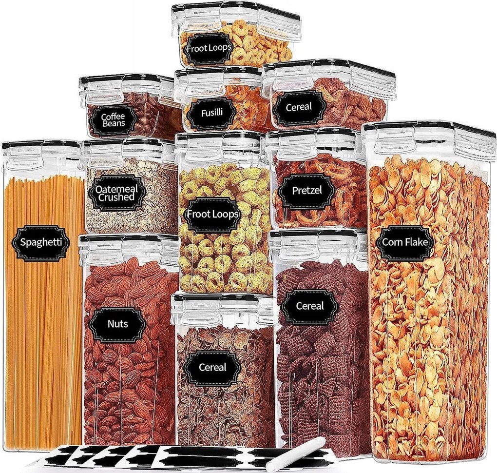 Konyhai tárolóedények élelmiszerekhez, ömlesztett termékekhez, 12 darabos készlet matricák