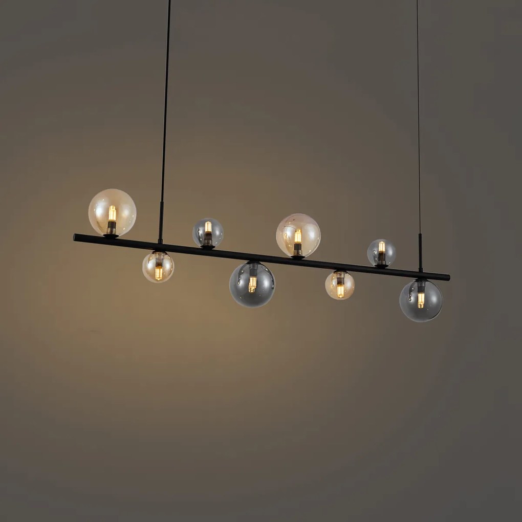 Fekete függőlámpa füstszínű és borostyánszínű üveggel, téglalap alakú, 8-lámpás - Monaco