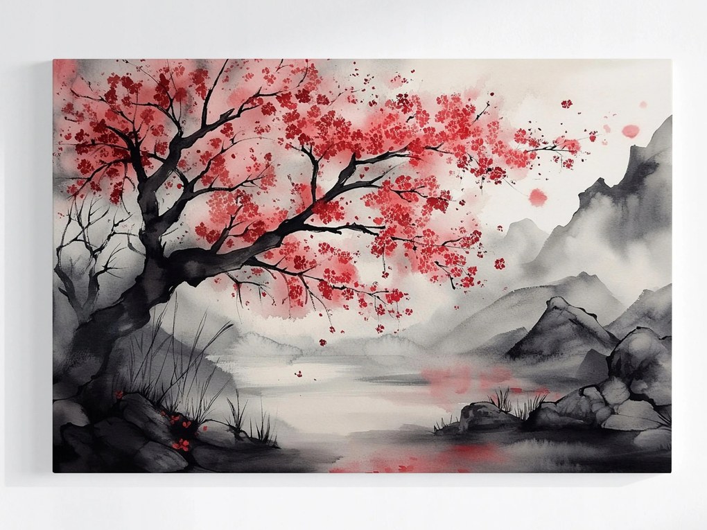 Poszter Ázsia Hegyek Tó Cseresznyefa Sakura Zen 120x80