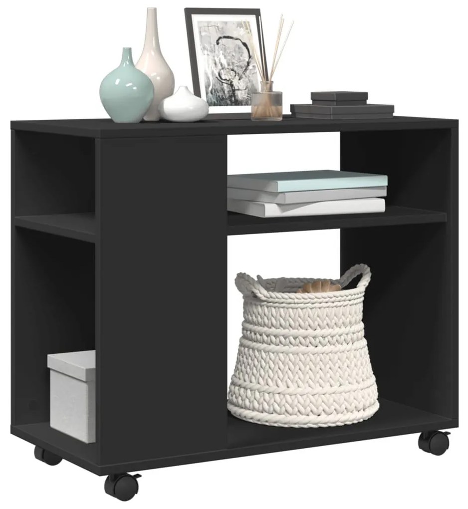 fekete szerelt fa kisasztal kerekekkel 70 x 35 x 60 cm