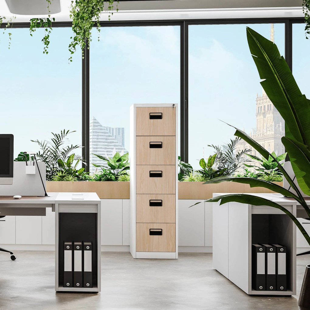 5 fiókos fém iratszekrény, fehér/sonoma tölgy, 460x1625.5x620 mm: SARA Eco Design