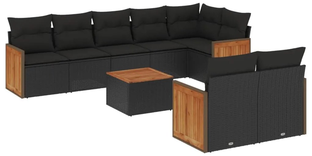 9 részes fekete polyrattan kerti ülőgarnitúra párnákkal