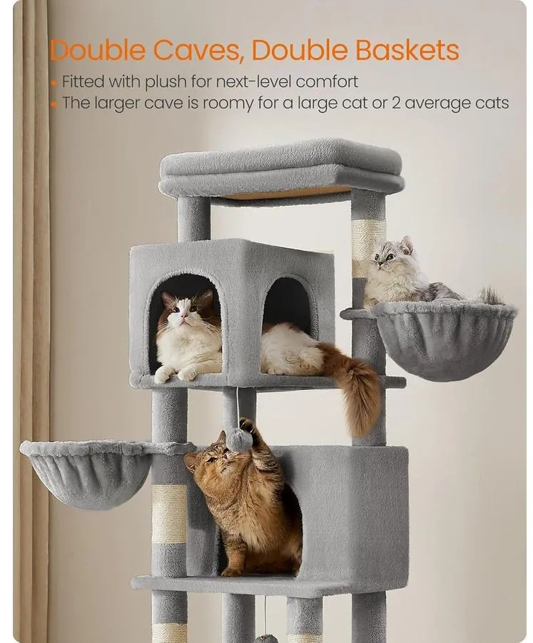 Feandrea nagy macskafa, 175 cm magas macskatorony szürke színben