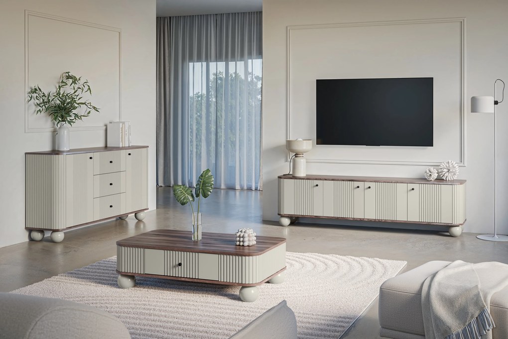 Vesper 4D TV-szekrény 187 cm - kasmír / diófa / fekete fogantyúk / gömb alakú lábak
