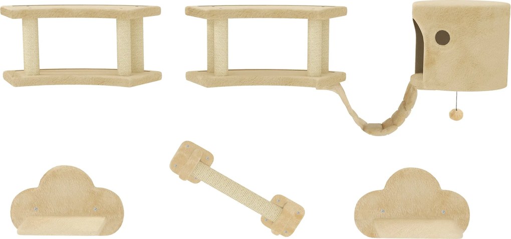 PawHut Macska Mászófal Készlet, 5 darabos Macska Bútor Kaparóoszloppal, Ugráló Platformokkal, Lépcsővel, Házakkal, 5 kg-ig, Plüss, Bézs | Aosom