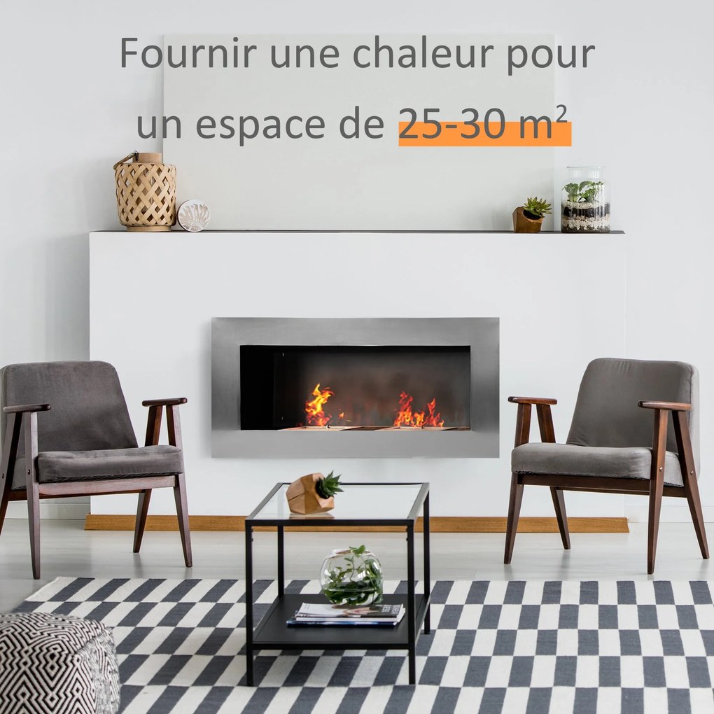 HOMCOM Fali Beépített Bioetanol Kandalló 2 x 0,9 L Égővel, körülbelül 3 órás égési idő 110L x 14W x 54H cm, 25-30 m² területhez, Rozsdamentes Acél | A
