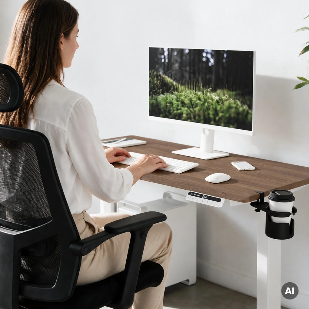 Elektromos, állítható magasságú, ergonomikus, fehér/dió íróasztal,1200x600 mm: ARIA