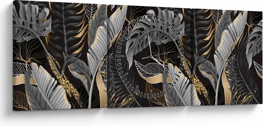 Kép - Trópusi levelek fekete és arany színben (órával) (90x30 cm)