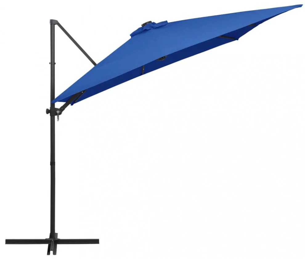 azúrkék konzolos napernyő LED-del és acélrúddal 250x250 cm