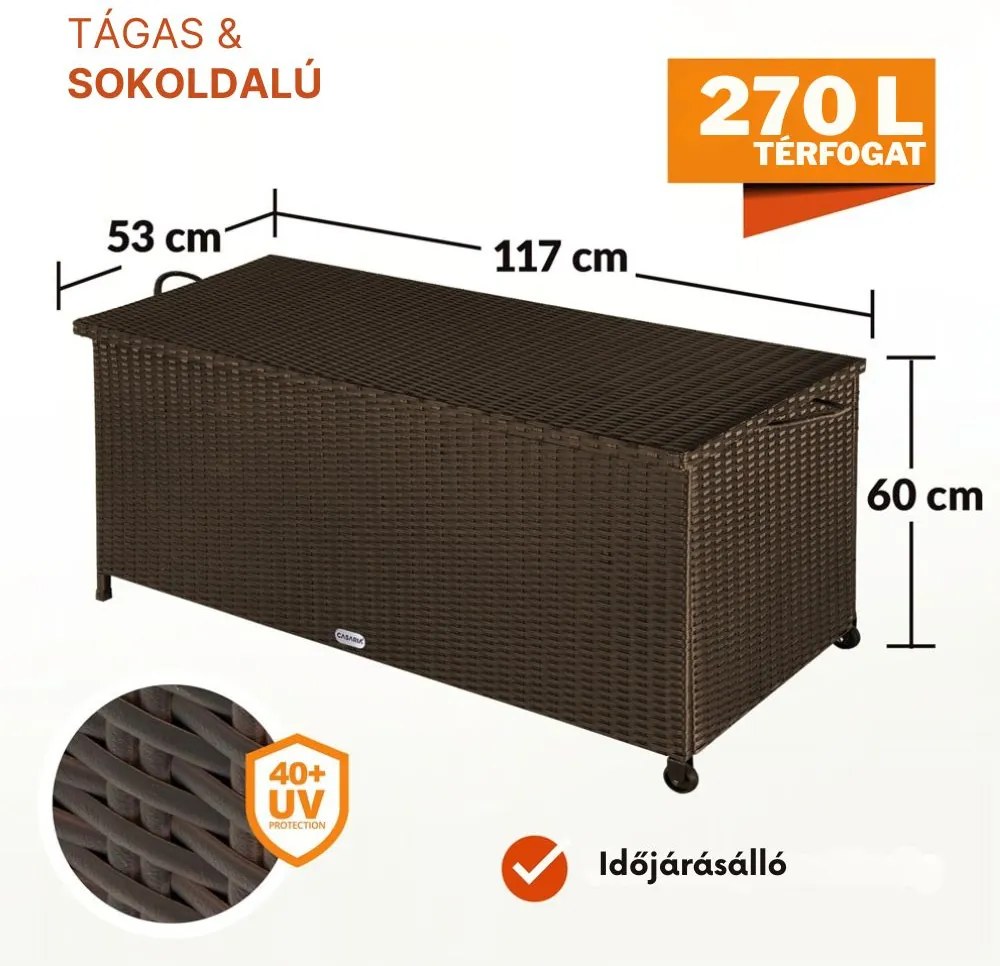RICCO polyrattan tárolódoboz, 270L, 117x53x60cm, sötétbarna Casaria