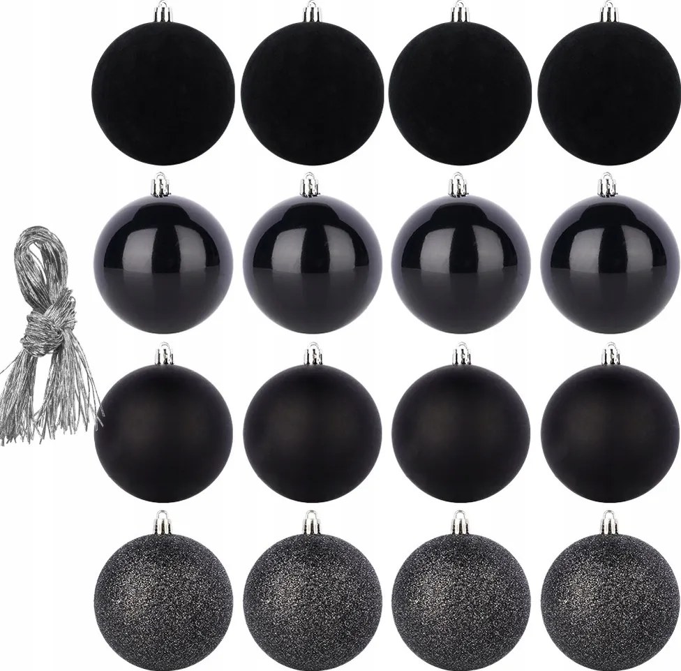 16 db Törésbiztos Karácsonyfadísz Gömb Szett, Fekete, Karácsonyfára