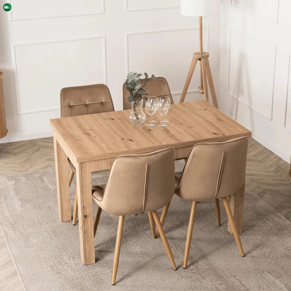 szett étkezőasztal SKUBI 120-160 cm artisan tölgy és 4 szék RODRI bézs
