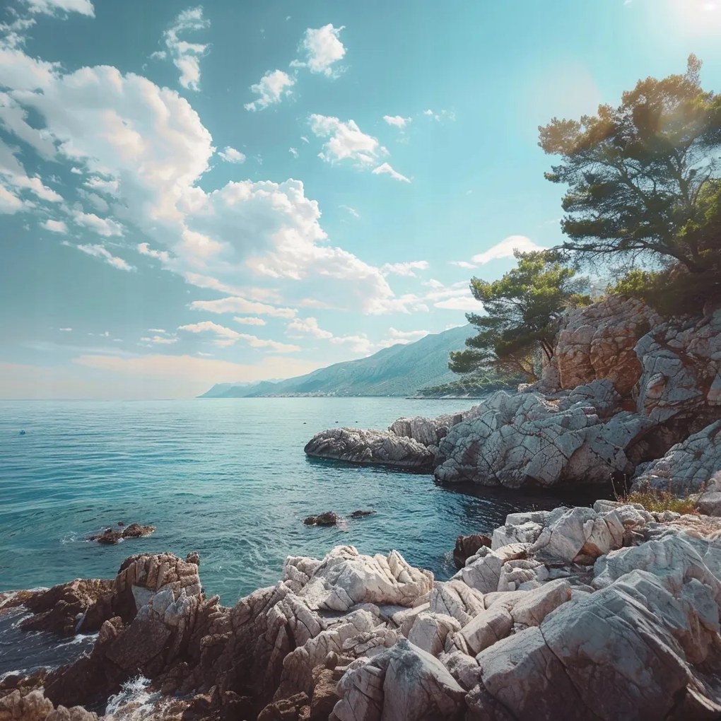 Vászonkép Canvas Tájkép Tengerpart Sziklák Tenger Hegyek 80x80