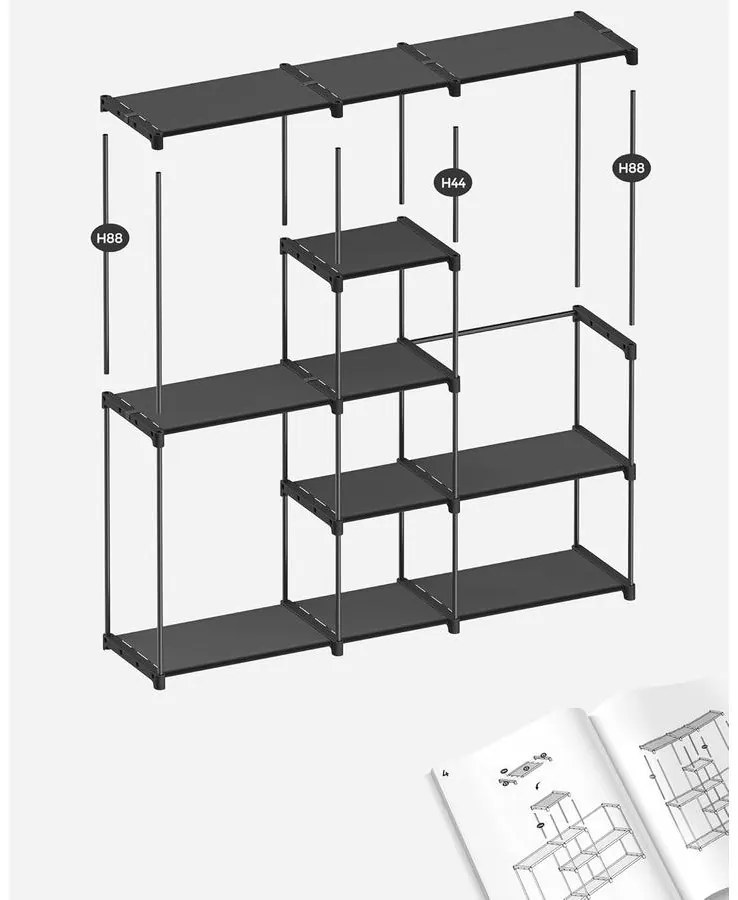 Hordozható, nyitott gardrób, ruhatartó, 43 x 182 x 182 cm fekete