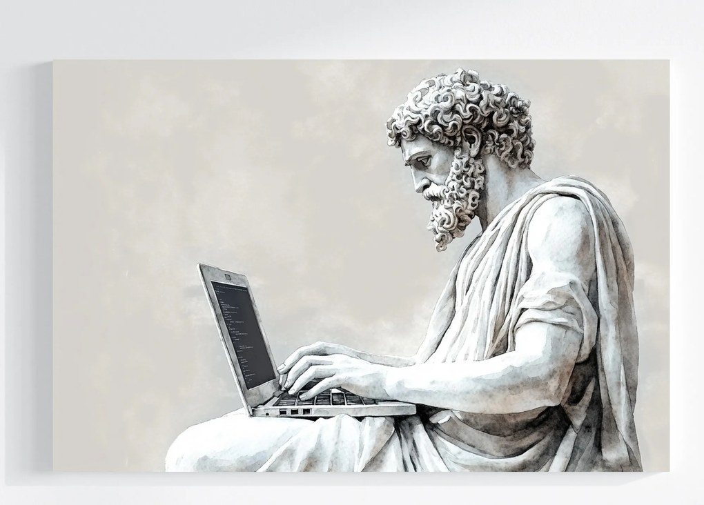 Vászonkép Canvas Szobor Figura Filozófus Laptop Kód Informatikai Program 120x80