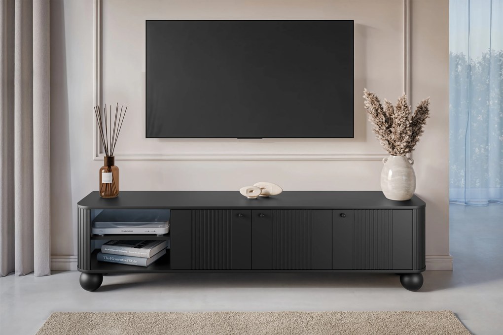 TV-szekrény Vesper 3D 187 cm - fekete / fekete fogantyúk / gömb alakú lábak