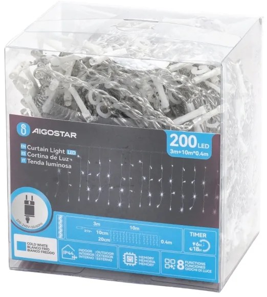 Aigostar - LED kültéri karácsonyi fényfüzér 200xLED/3,6W/230V/8 üzemmód 10x0,4m IP44 hideg fehér
