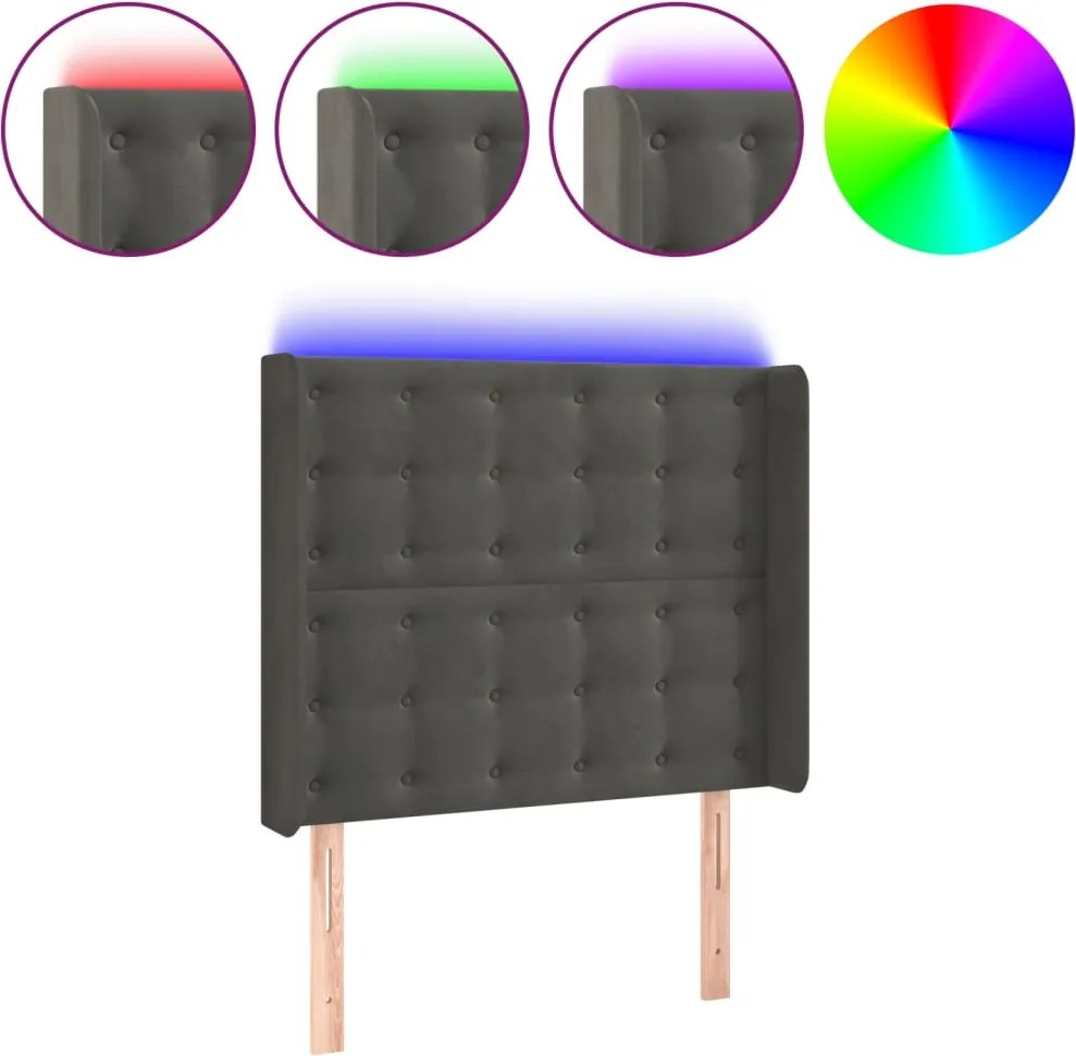 vidaXL sötétszürke bársony LED-es fejtámla 83x16x118/128 cm