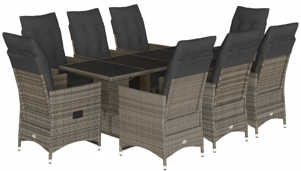 9 részes szürke polyrattan kerti bisztrógarnitúra párnákkal