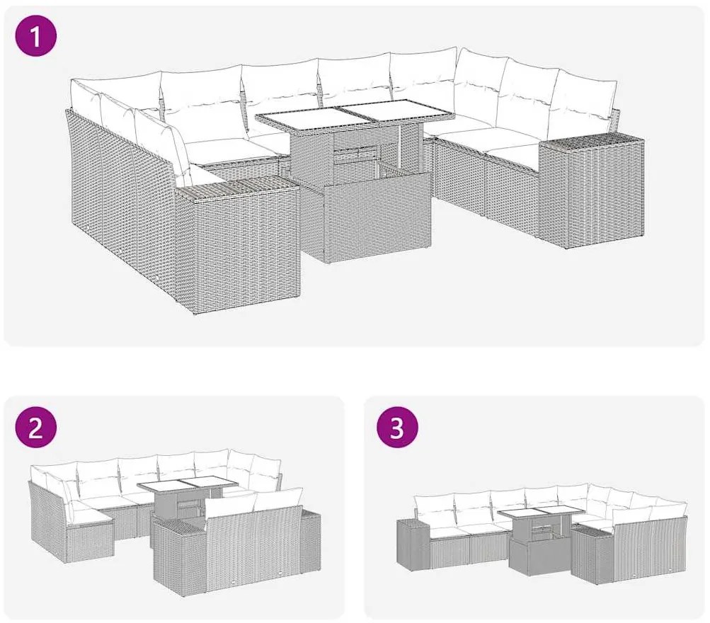10 részes barna polyrattan akácfa kerti ülőgarnitúra párnákkal