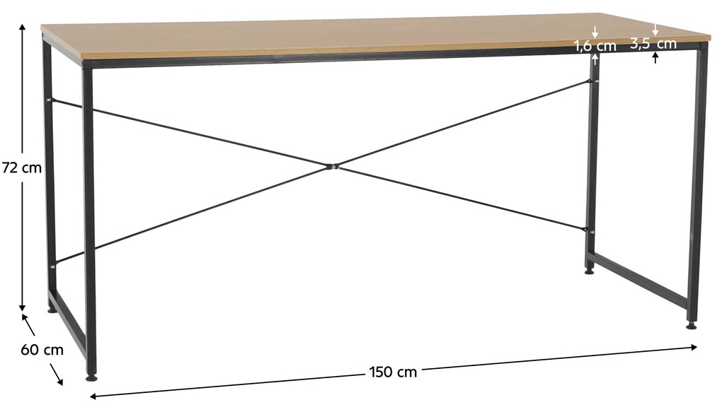 Íróasztal tölgy/fekete, 150x60 cm, MELLORA