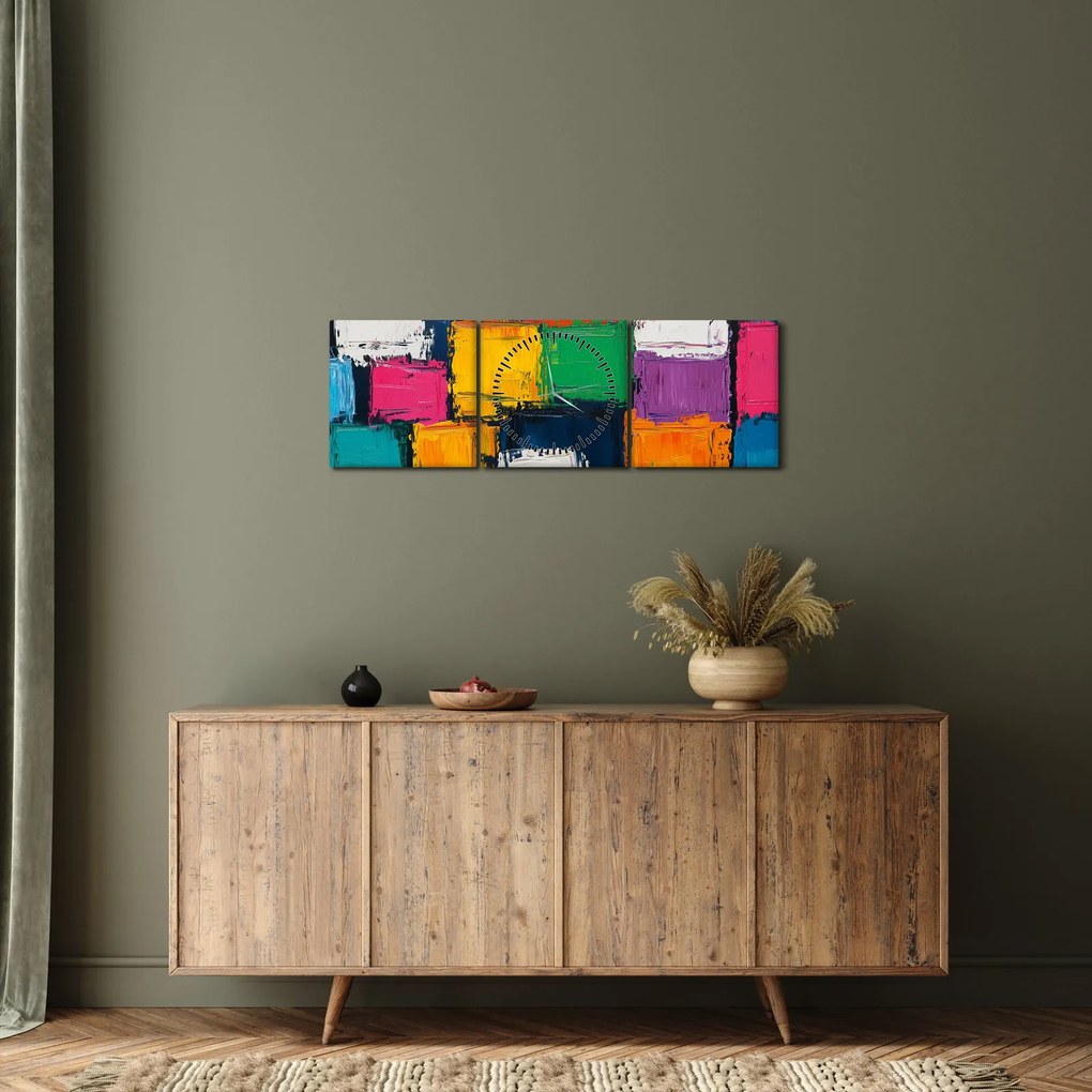 Kép - Színes négyzetek festménye (órával) (90x30 cm)