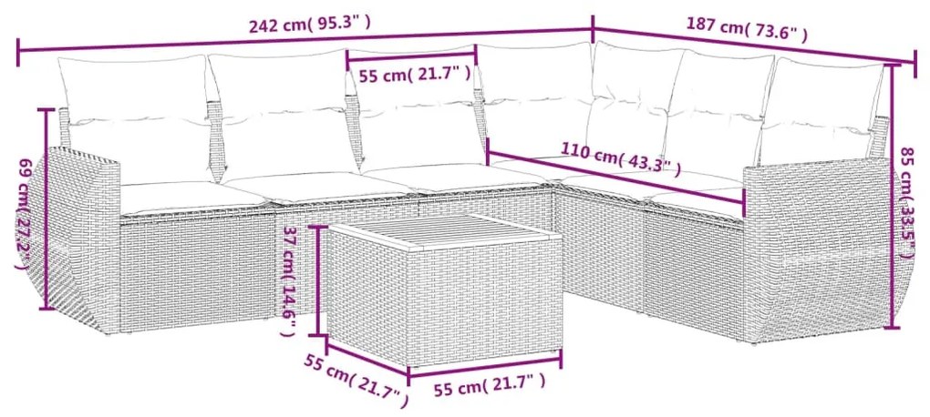 7 részes fekete polyrattan kerti ülőgarnitúra párnával