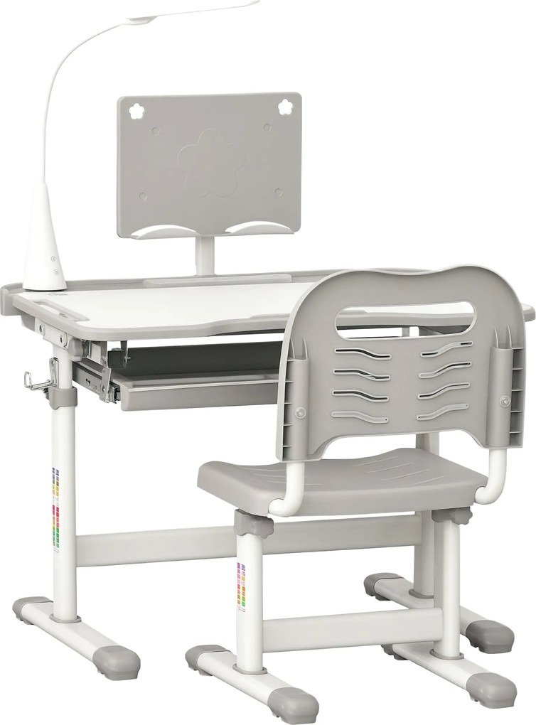 HOMCOM Gyermek Íróasztal és Szék Készlet 6 Éves Kortól, Magasságállítható Dőlt Asztali Lámpával, Fiókkal és Könyvespolccal, Szürke | Aosom