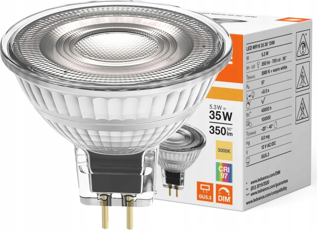 Led izzó MR16 GU5.3 5,3W 35W 3000K Meleg 12V Fényerőszabályozható Ledvance