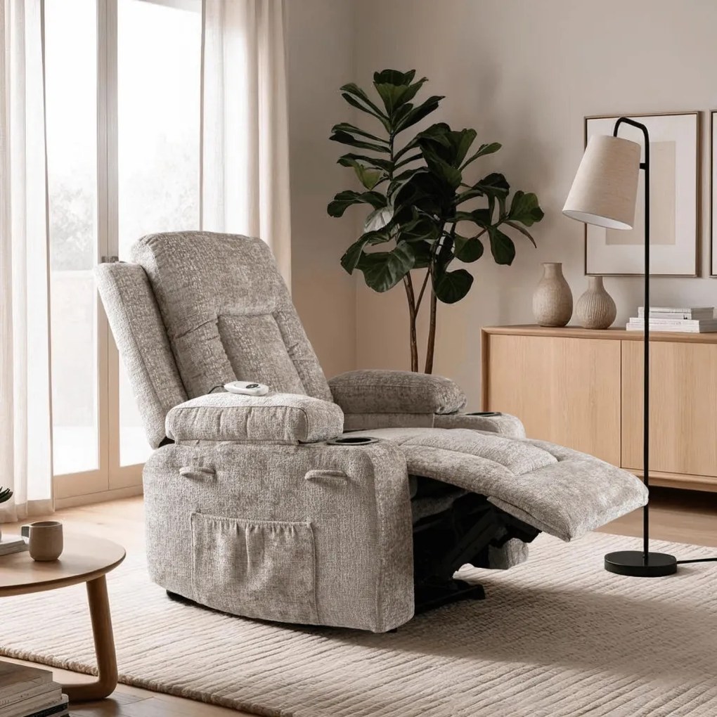 Elektromosan Vezérelhető Masszázsfunkciós Relaxfotel Bézs Szövet Kárpittal. BOX 2