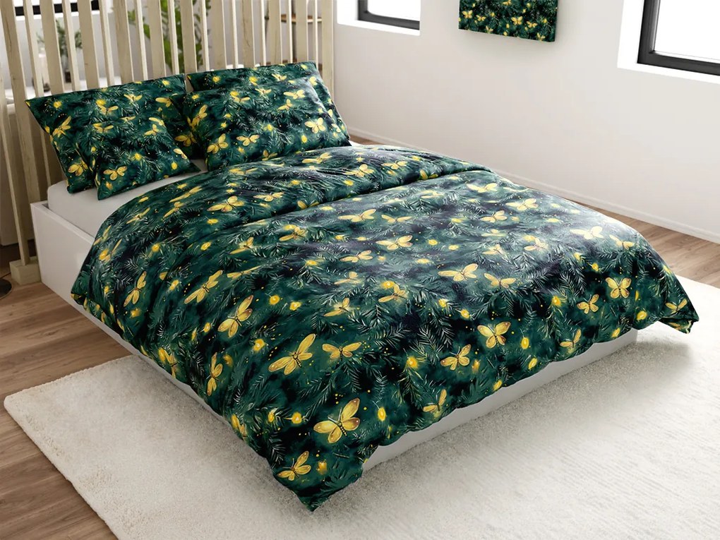 Mikroplüss ágyneműhuzat szett YELLOW BUTTERFLY sötétzöld + mikroplüss lepedő SOFT 90x200 cm fehér, egyszemélyes